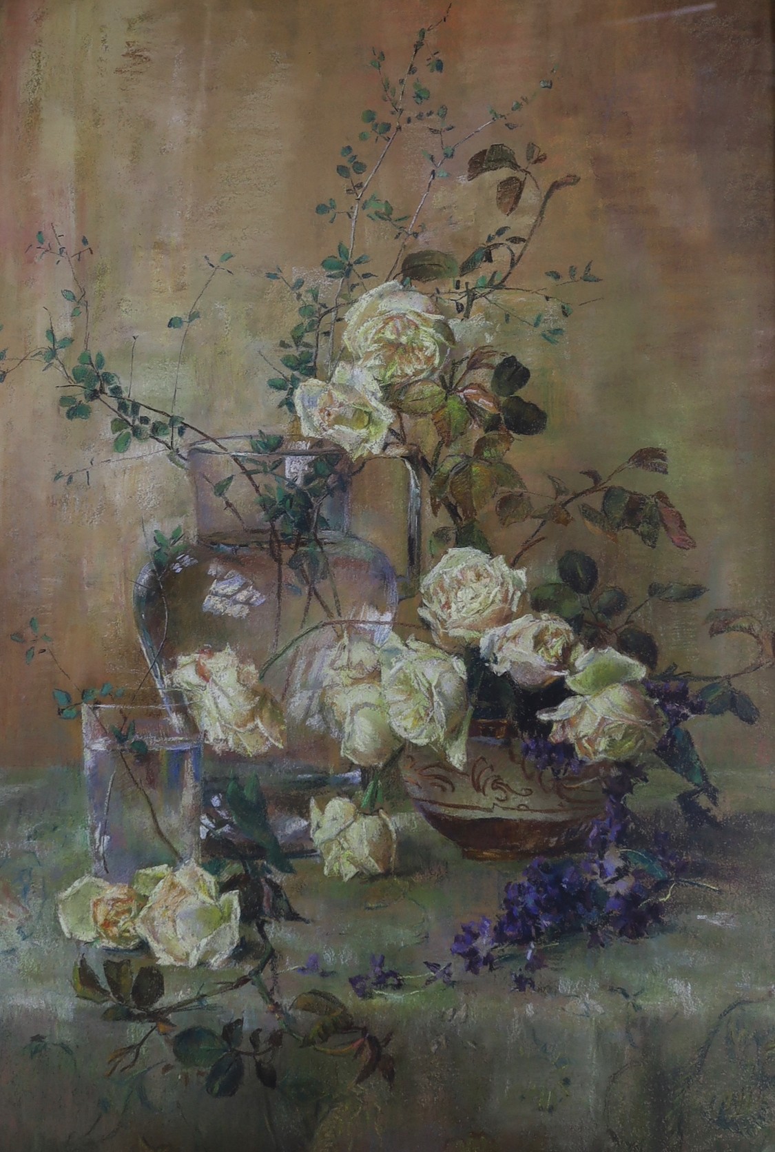 French School c.1900, pastel, Still life of roses and a glass jug, 78 x 53cm